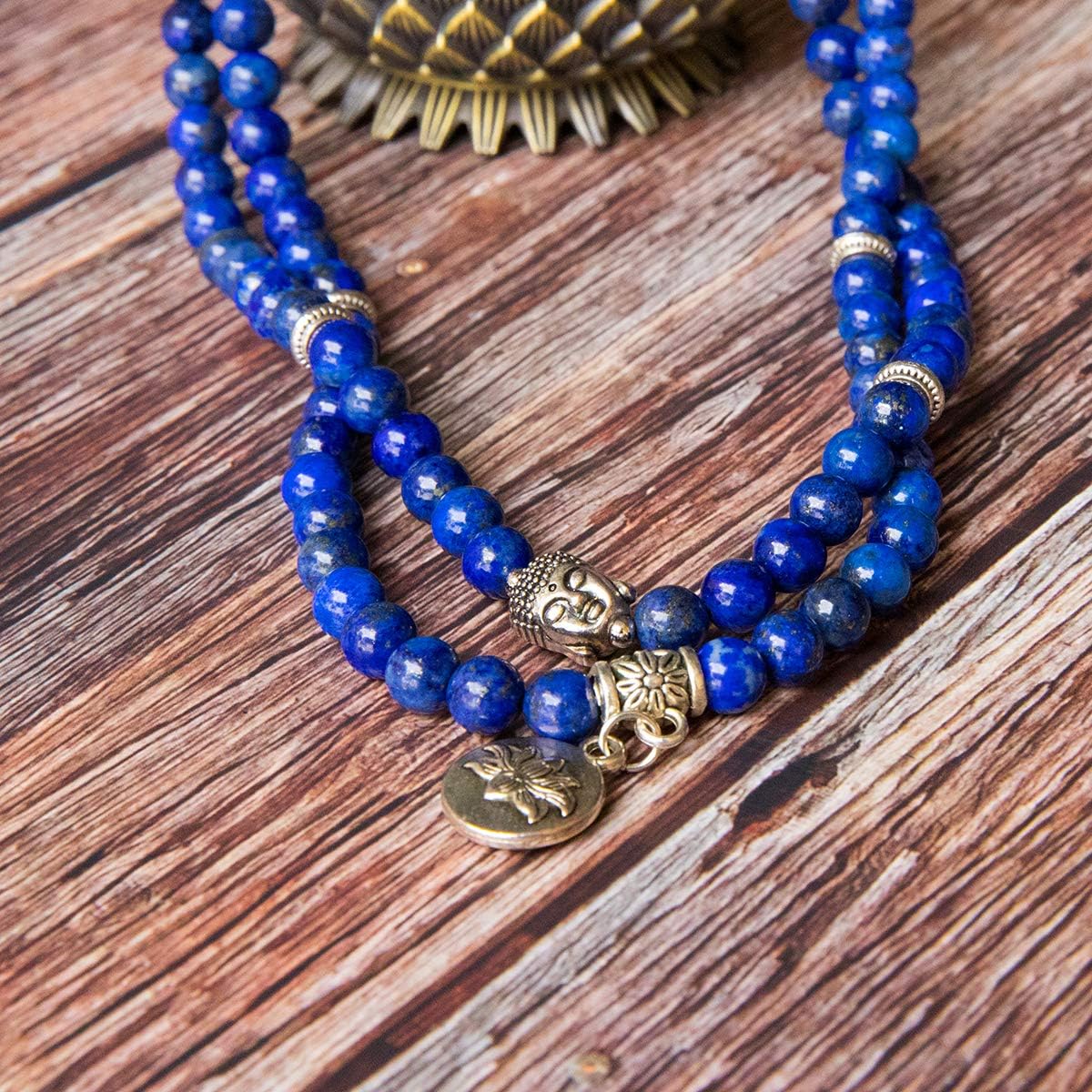 Bivei 108 Mala Beads Necklace Long Beaded Wrap Bracelets Genuine Gemstone Mala Prayer Beads Lotus Buddha Charm Yoga Meditation Necklace