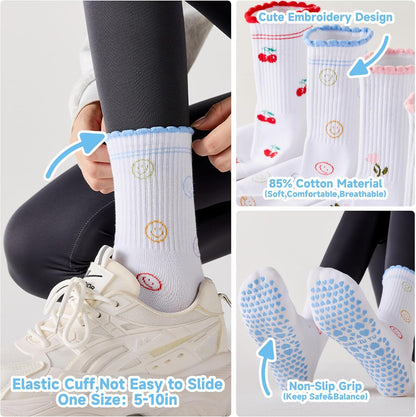 Grip Socks Pilates,4/6Pairs Cotton Cute Pilates Socks for Women, Ruffle Grippy Sock for Yoga Barre Hospital 5-10in
