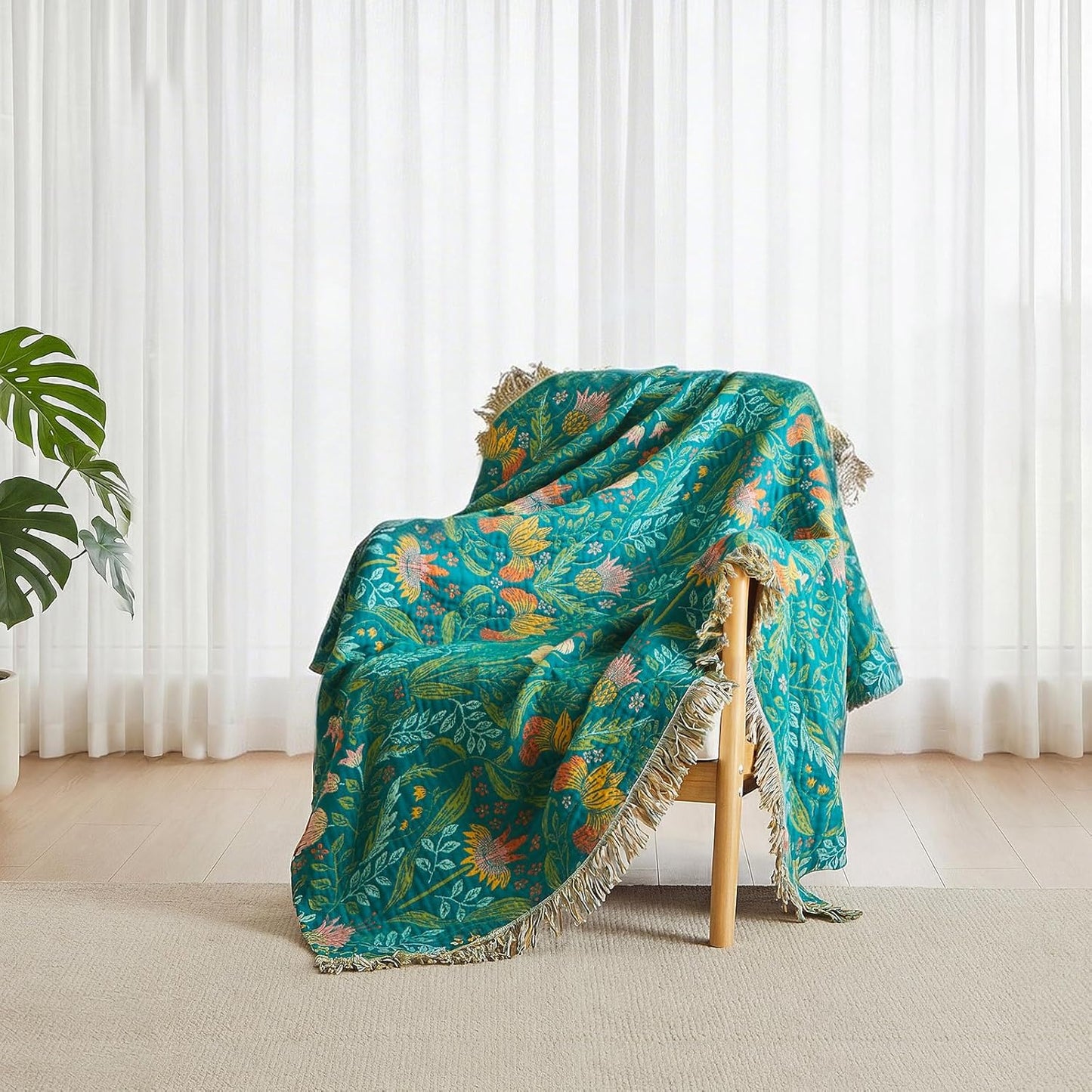 Boho Throw Blanket - 100% Cotton Soft Summer Throw Blanket for Bed, 50"x60" Reversible Breathable Lightweight Blankets, All Seasons Farmhouse Decor Floral Plant Butterfly Throw Quilt