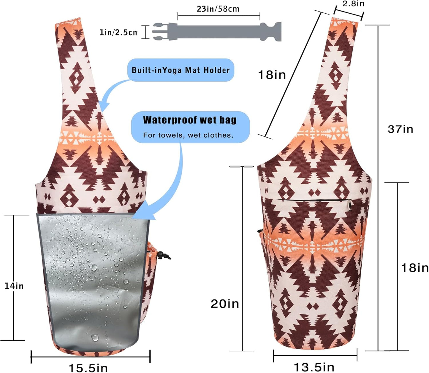 Yoga Mat Bag - Large Opening Long Tote Yoga Mat Carrier Holder Bag with Waterproof Wet Zipper Pocket and Drawstring Water Bottle Pocket - Yoga Bag Fit Most Size Mats
