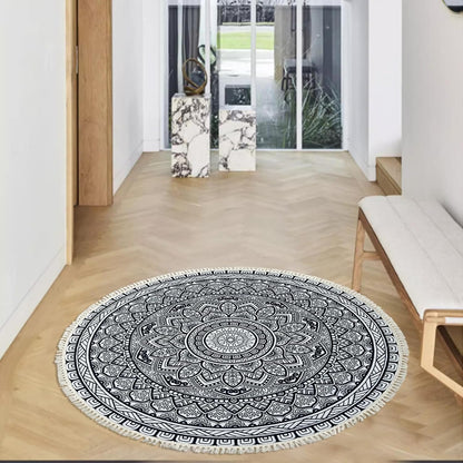 Boho Rug 5Ft Round Bedroom Carpet Circle Nonslip Farmhouse Area Rug Rustic Mandala Floor Mat for Living Room Locker Room Tassel Yoga Throw Rugs Washable Doormat, Purple