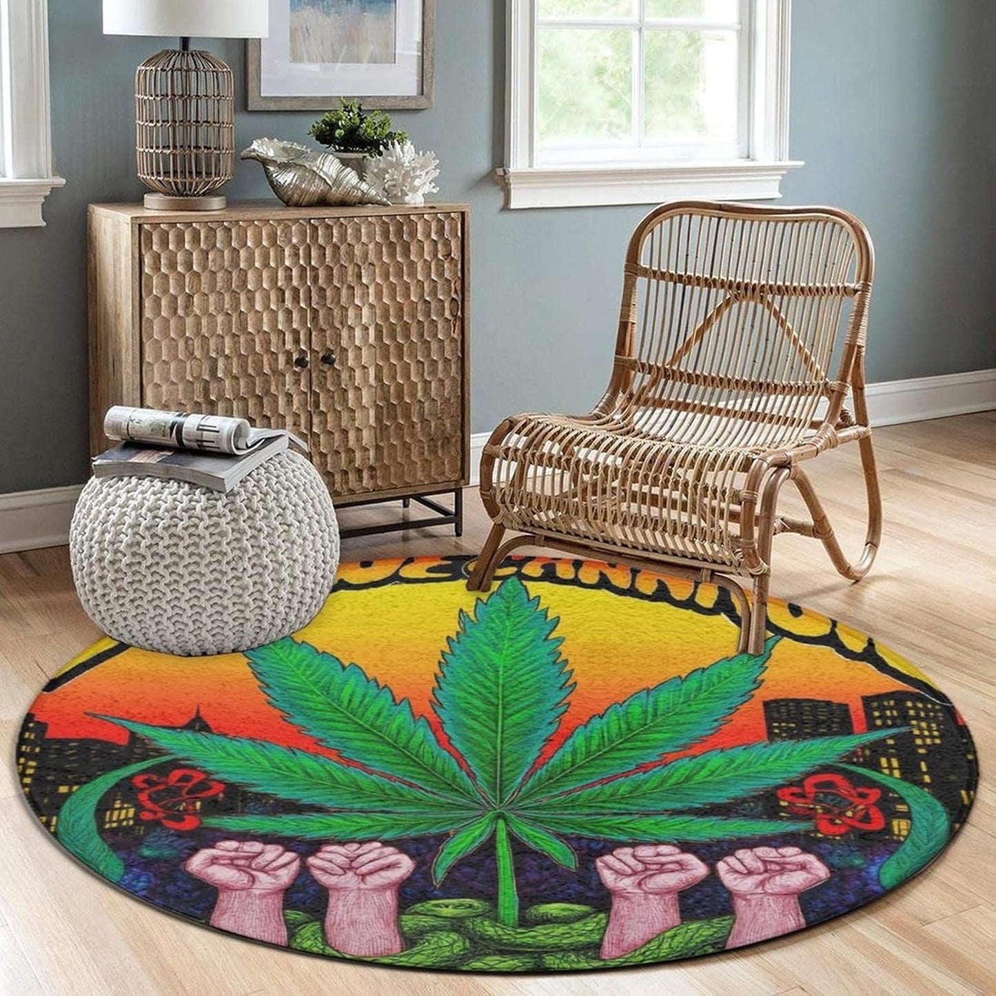 Machine Washable Modern Round Area Rug, Room Sofa Yoga Soft Round Carpet, Home Decor Non Slip Kitchen Office Circle Rug Union Jack Flag UK Mandala Art, 60inch