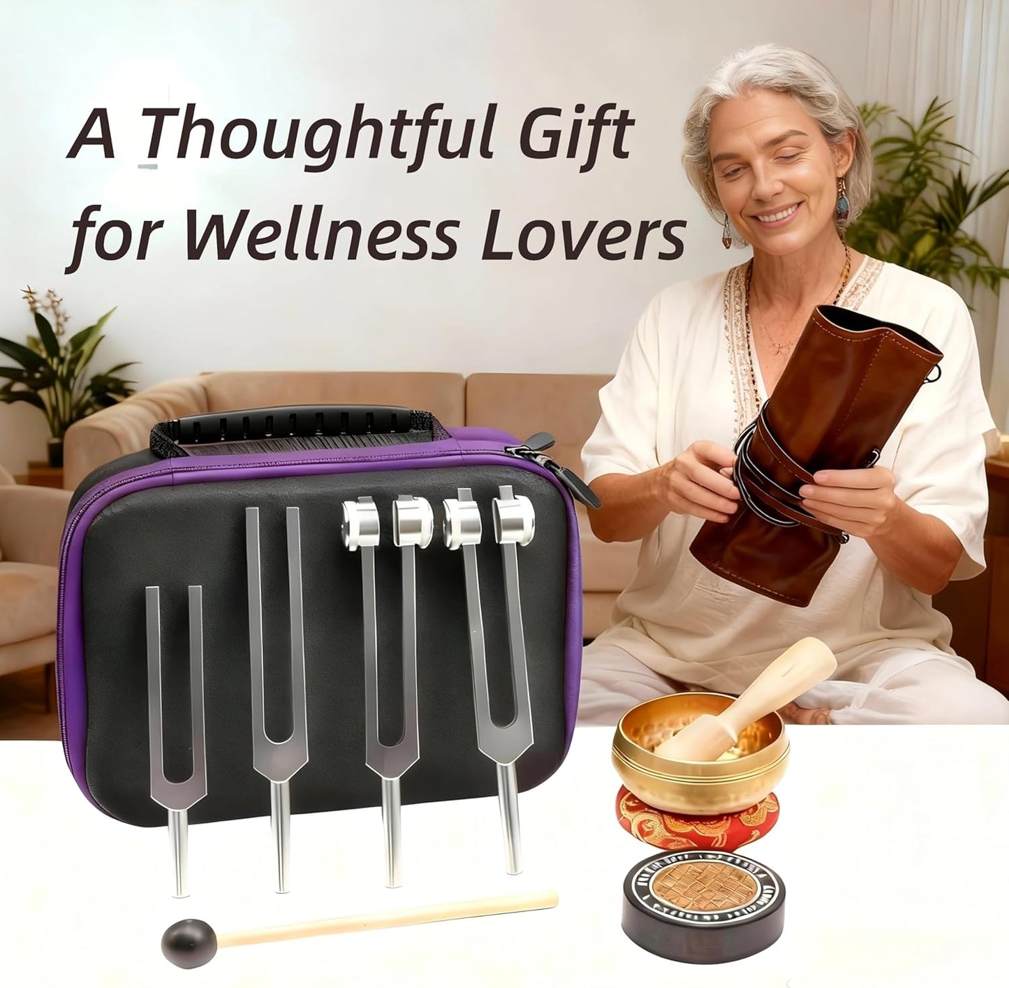 Healing Tuning Forks Set 136.10, 256, 384, 128 Hz Healing Instrument, Sound Therapy Devices with Singing Bowl for Chakra Solfeggio Essential Yoga Meditation Accessories, Healing Gifts for Women Men