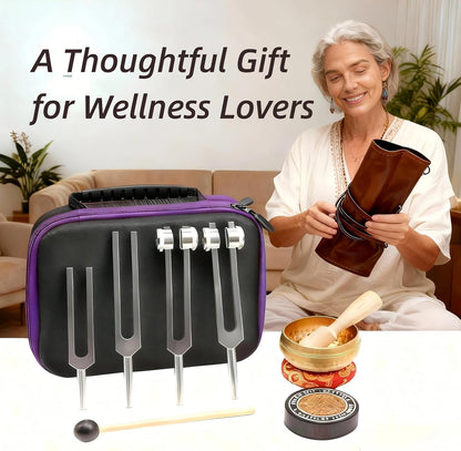 Healing Tuning Forks Set 136.10, 256, 384, 128 Hz Healing Instrument, Sound Therapy Devices with Singing Bowl for Chakra Solfeggio Essential Yoga Meditation Accessories, Healing Gifts for Women Men