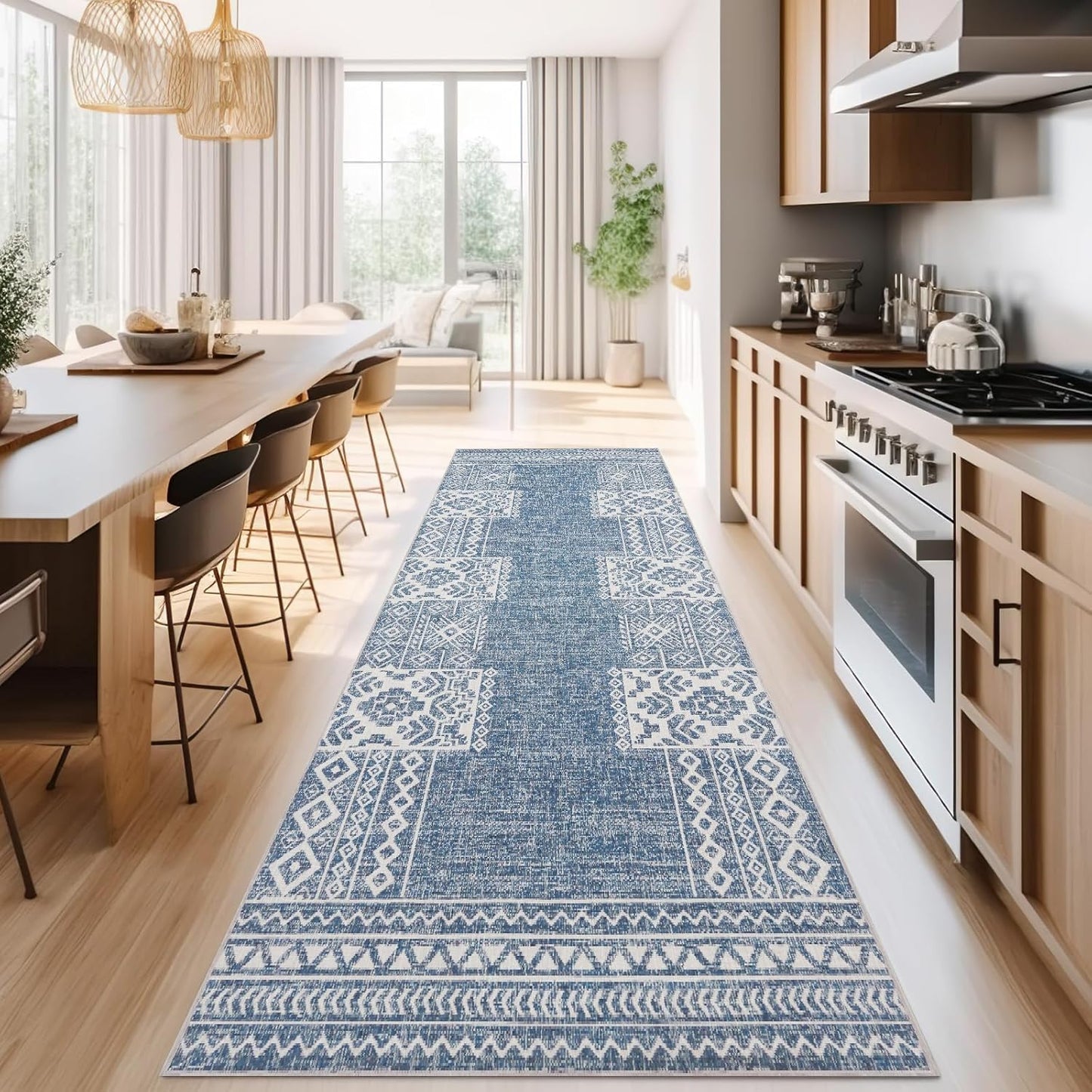 jinchan Area Rug 4x6 Ultra-Thin Washable Vintage Boho Geometric Entryway Rug Non-Slip Non-Shedding Carpet for Living Room Bedroom Blue Ivory