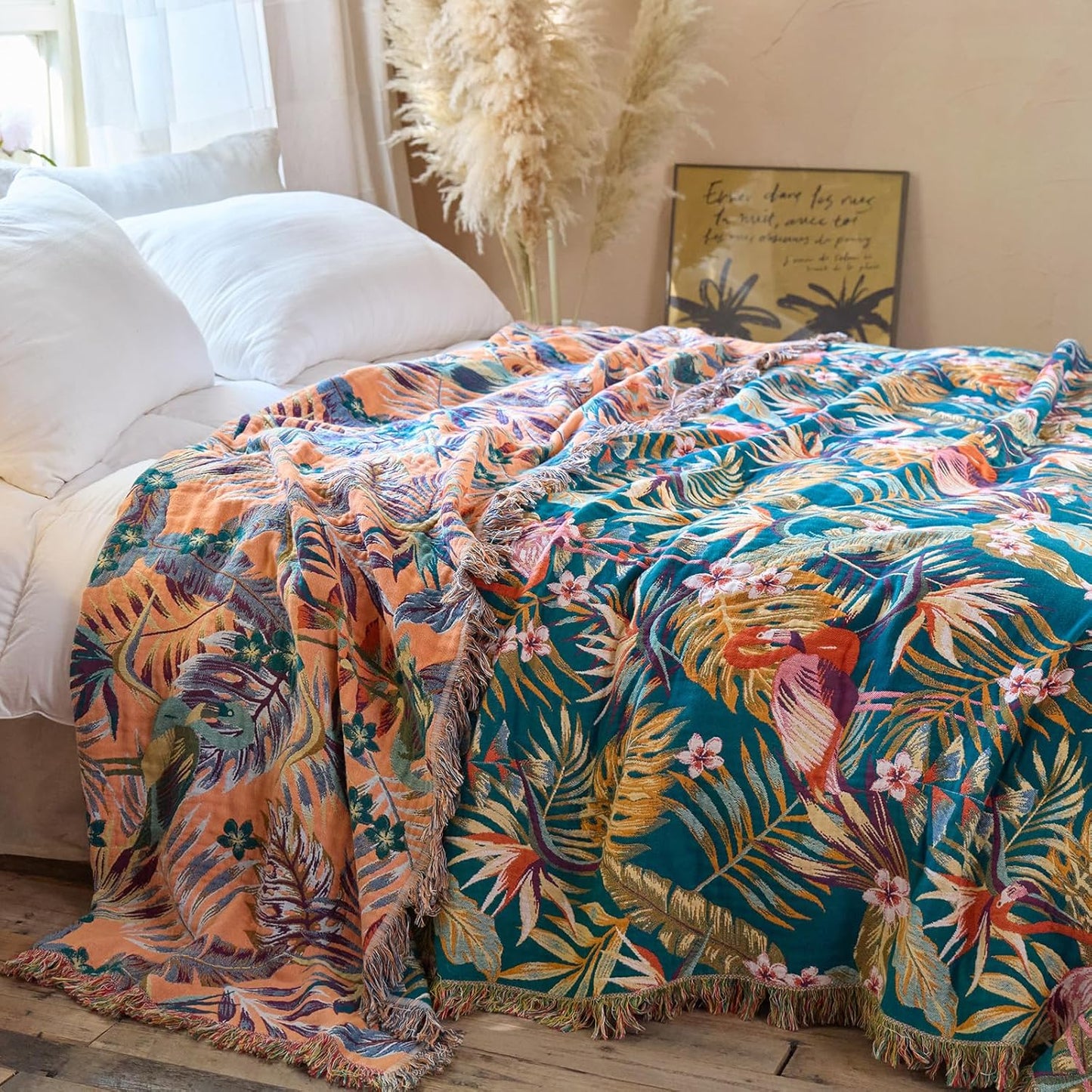 Boho Throw Blanket - 100% Cotton Soft Summer Throw Blanket for Bed, 50"x60" Reversible Breathable Lightweight Blankets, All Seasons Farmhouse Decor Floral Plant Butterfly Throw Quilt