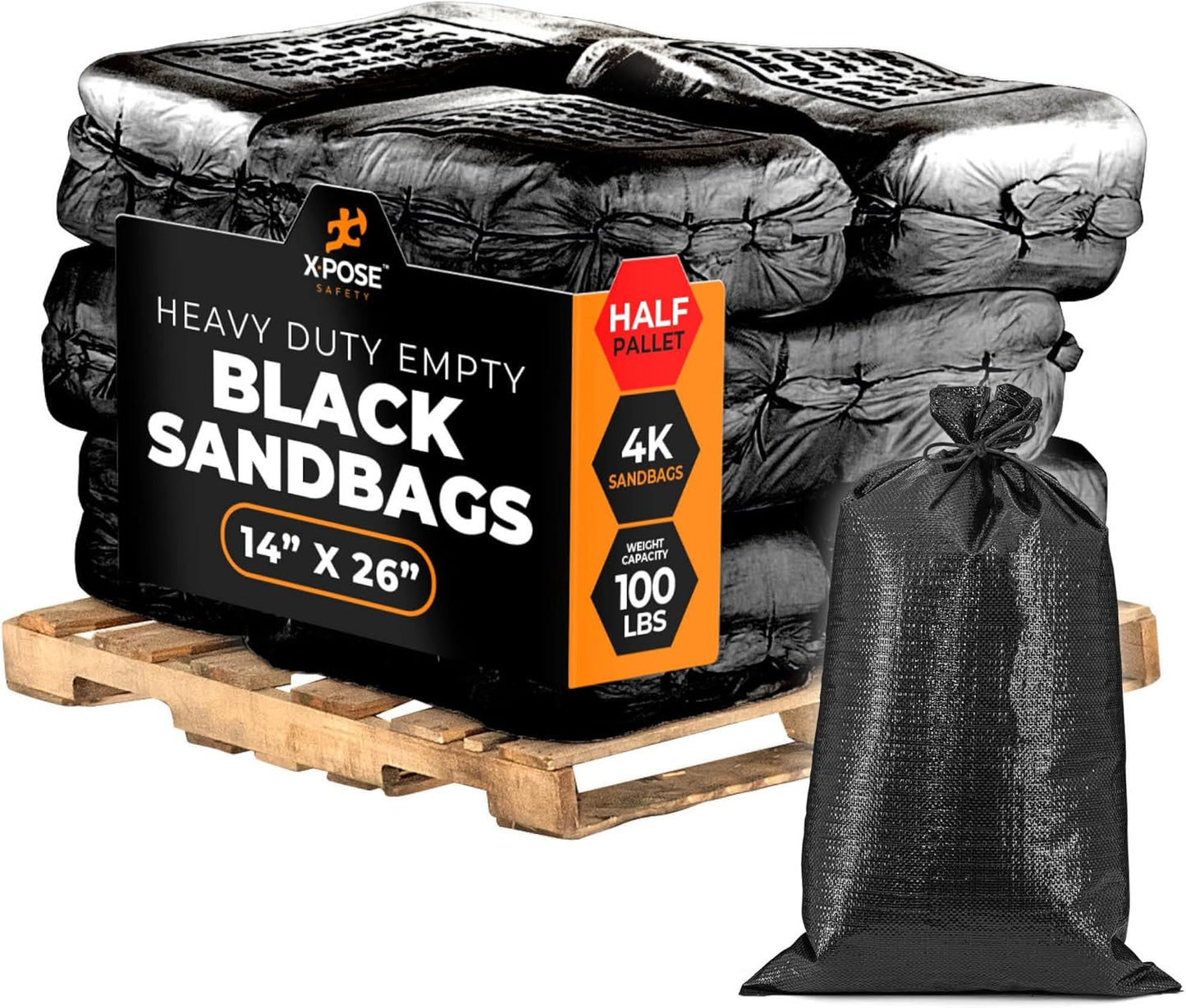 Xpose Safety Heavy Duty Sand Bags with Tie Strings – Empty Woven Polypropylene Sandbags for Hurricane Flood Protection, 100 lb Capacity, 14" x 26", Black, Pack of 10