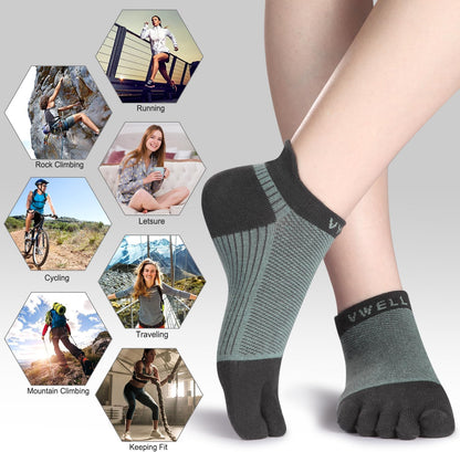 VWELL Cotton Toe Socks Five Finger Socks No Show Crew Athletic Running Socks 4 Pairs,Size 7-11