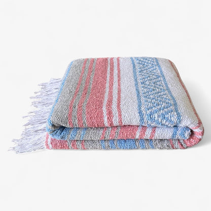 Authentic Handwoven Mexican Blanket, Falsa Serape - Soft & Durable - Vibrant Beach, Picnic, Yoga & Camping Mat - Traditional Boho Throw - Outdoor Blanket 70"x50" (Bubblegum)
