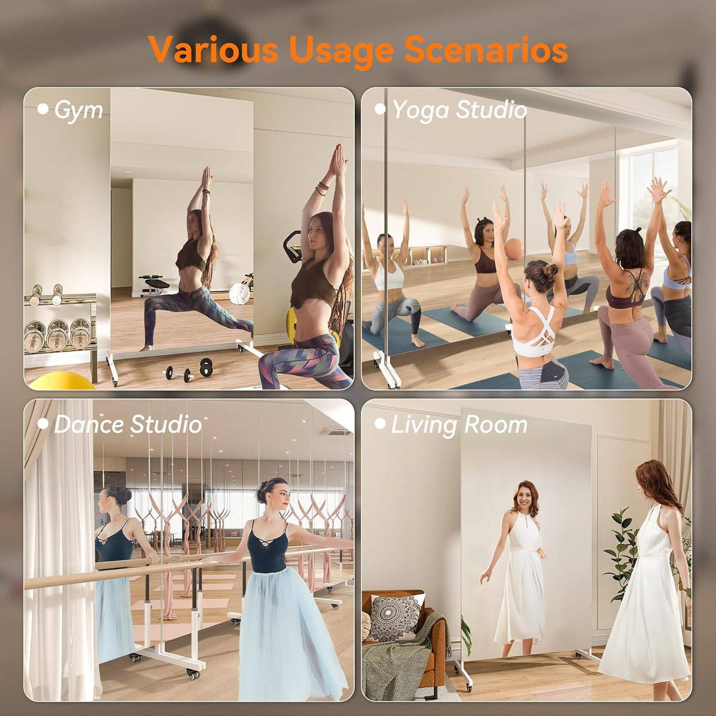 Hasipu Home Gym Mirror with Light 360° Swivel on Wheels, 79" x 32" Extra Large Full Length Rolling LED Mirror for Yoga Studio, Bedroom, Dancing Studio, White