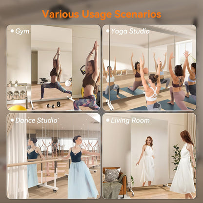 Hasipu Home Gym Mirror with Light 360° Swivel on Wheels, 79" x 32" Extra Large Full Length Rolling LED Mirror for Yoga Studio, Bedroom, Dancing Studio, White