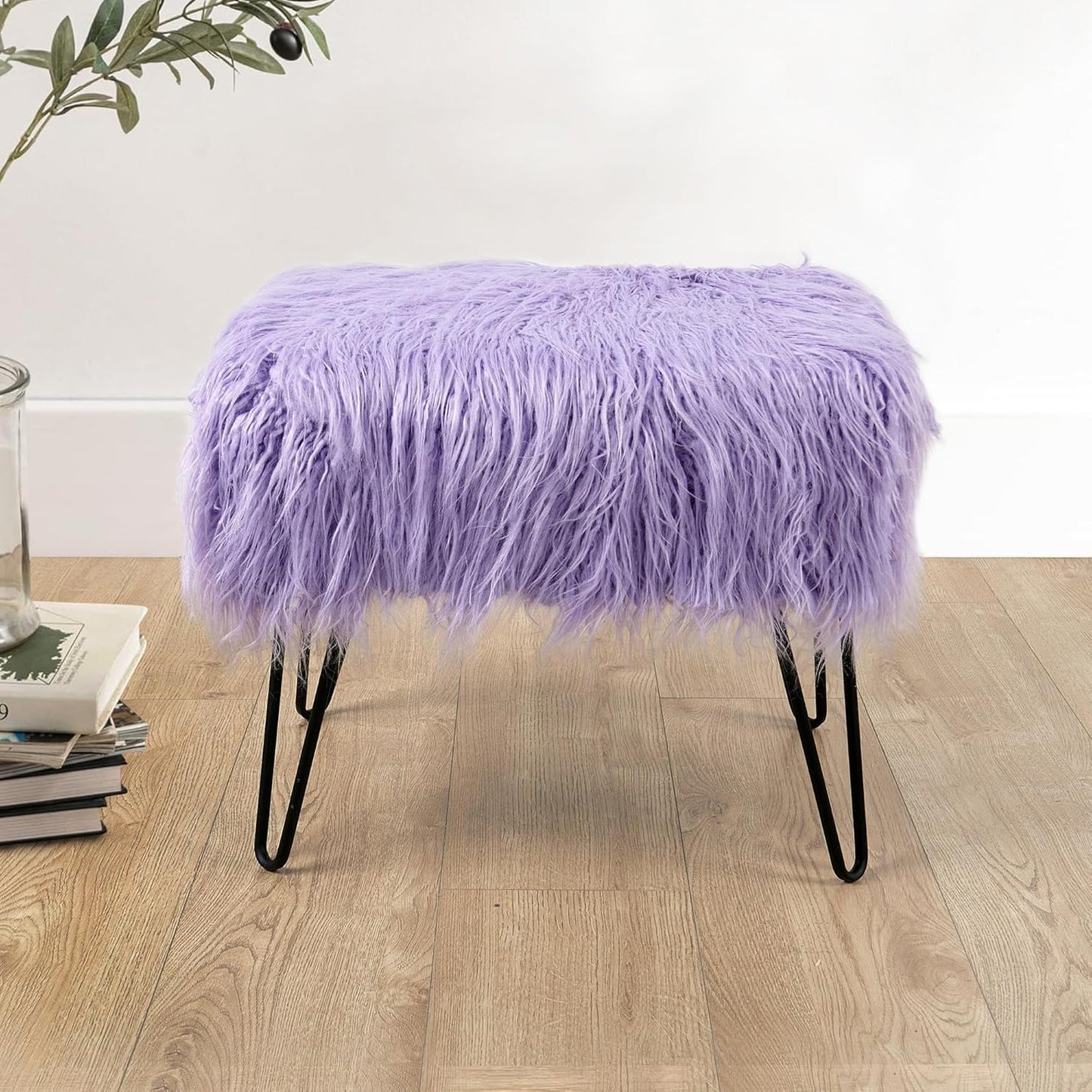Home Soft Things Green Mongolian Faux Fur Ottoman, Desert Sage, 19'' x 13'' x 17'', Cozy Plush Fluffy Ottoman Foot Rest Stool for Living Room Bedroom Entryway Makeup Bench End of Bed Home Décor