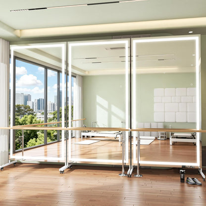 Hasipu Home Gym Mirror with Light 360° Swivel on Wheels, 79" x 32" Extra Large Full Length Rolling LED Mirror for Yoga Studio, Bedroom, Dancing Studio, White