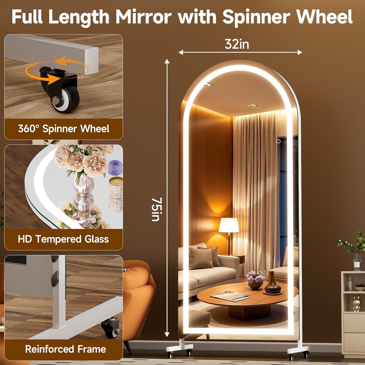 Hasipu 71" x 28" Arched Rolling Home Gym Mirror with Wheels, 360° Swivel Body Mirror with HD Tempered Glass, Large Floor Mirror for Yoga Room, Dance Studio, Bedroom & Home Gym
