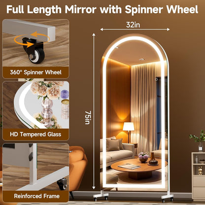 Hasipu 71" x 28" Arched Rolling Home Gym Mirror with Wheels, 360° Swivel Body Mirror with HD Tempered Glass, Large Floor Mirror for Yoga Room, Dance Studio, Bedroom & Home Gym