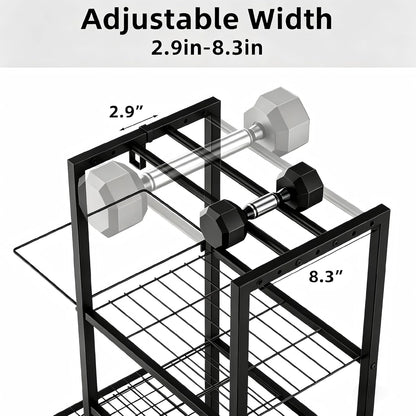 Home Gym Storage Rack 3-Tier Dumbbell Rack with Ball Holder & Side Basket Heavy Duty Vertical Workout Equipment Organizer for Yoga Mats Lockable Wheels