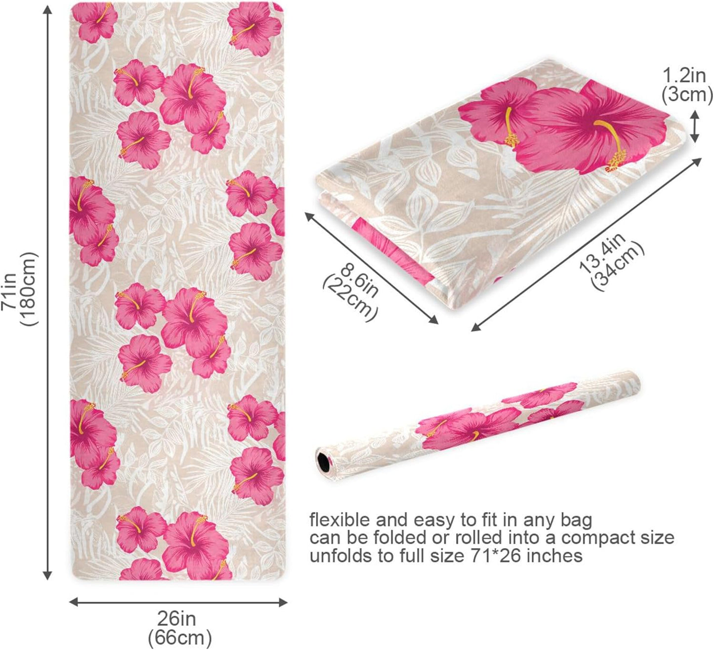 Tropical Pink Hibiscus Flowers Yoga Mat, Anti-Tear Non Slip Exercise & Workout Mat, 71” x 26” with Storage Bag for Home Yoga, Pilates, Fitness & Floor Workouts