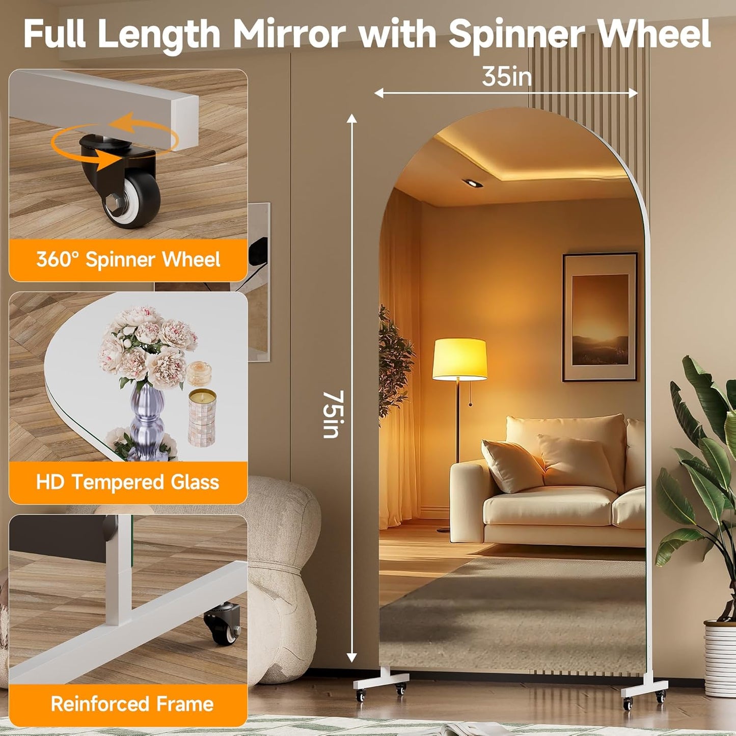 Hasipu 71" x 28" Arched Rolling Home Gym Mirror with Wheels, 360° Swivel Body Mirror with HD Tempered Glass, Large Floor Mirror for Yoga Room, Dance Studio, Bedroom & Home Gym