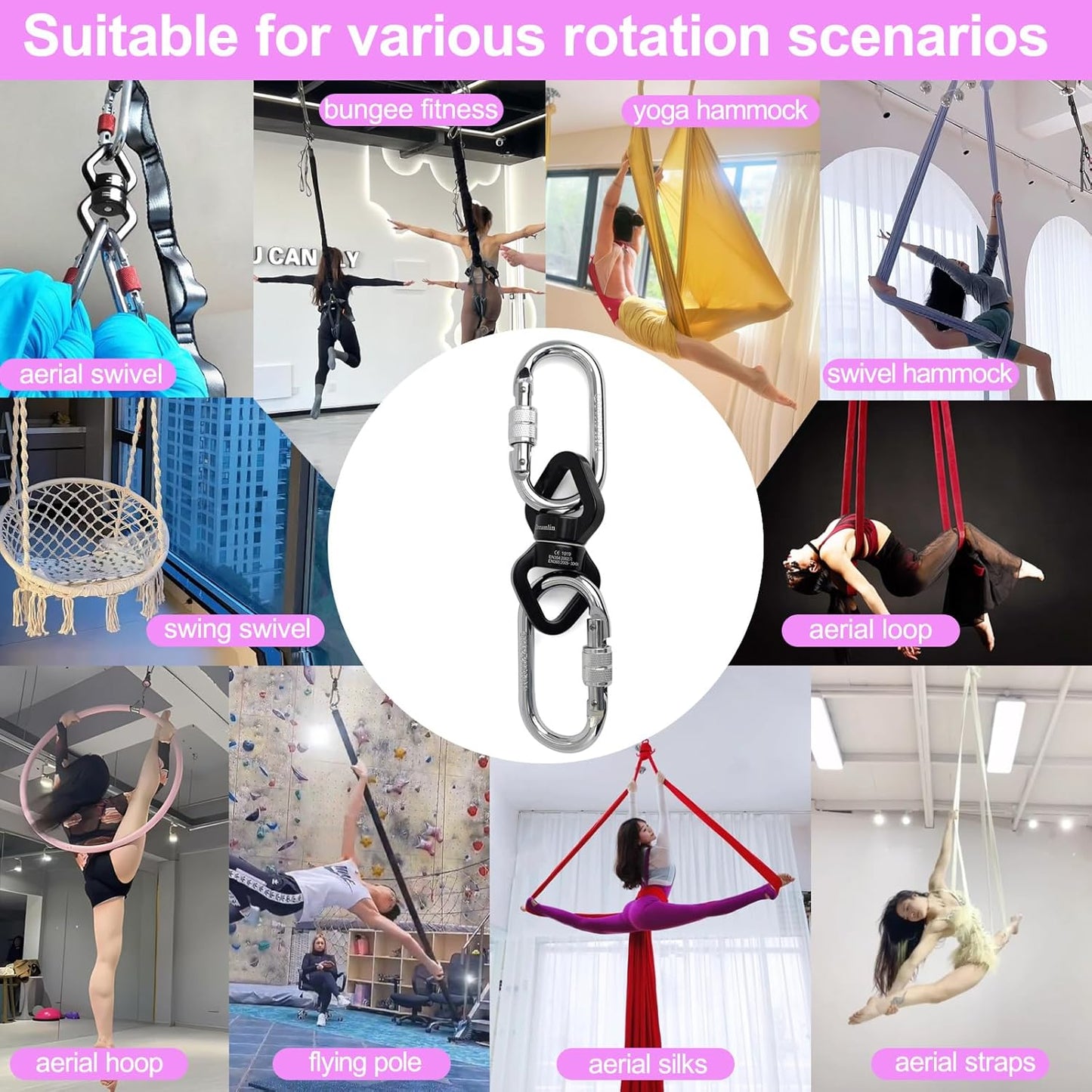 Aerial Silks Hardware Kit 30 KN Swing Swivel Aerial Yoga Hammock Rigging Aluminum Swivel Aerial Hoop Lyra Rotational Device Hanging Accessory