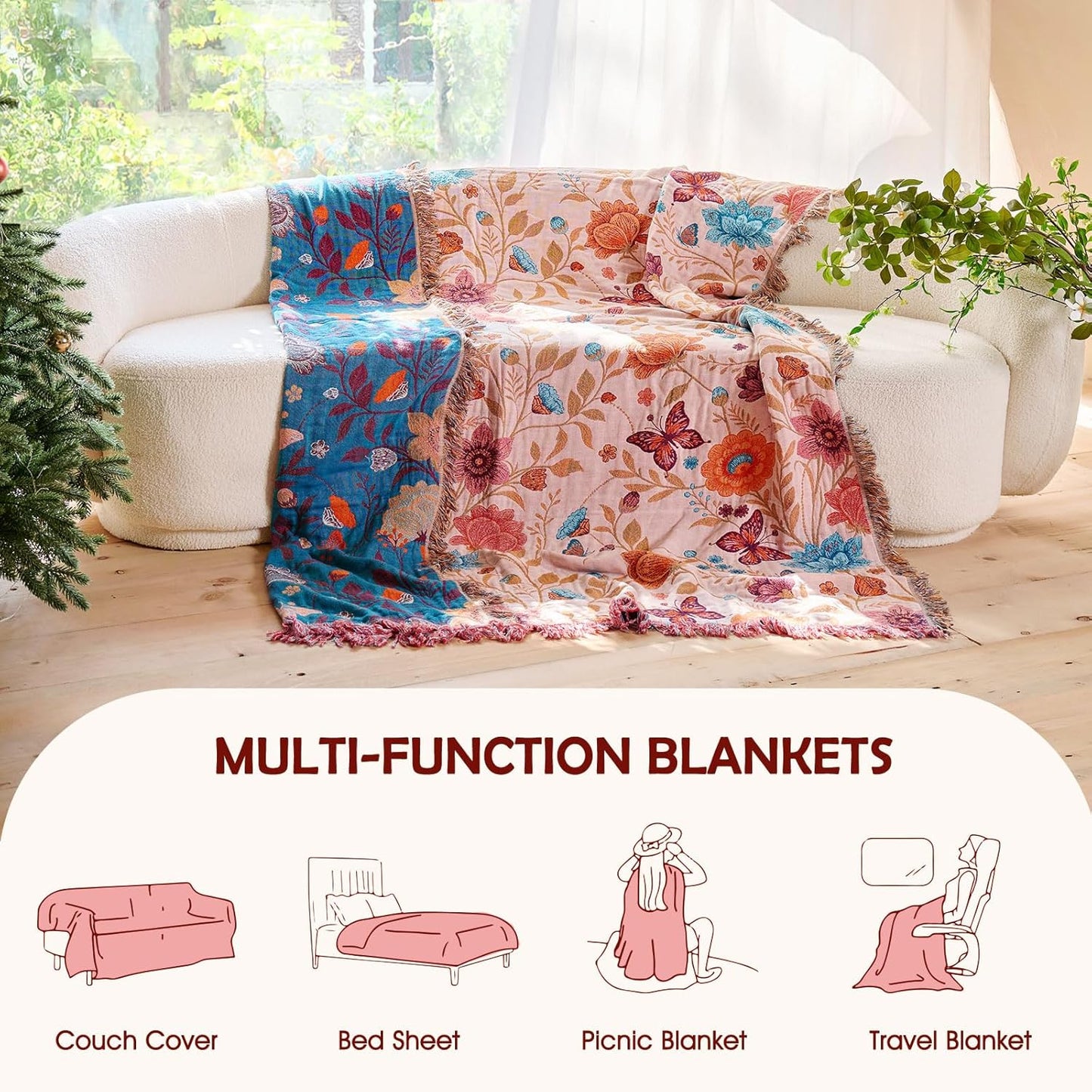 Boho Throw Blanket - 100% Cotton Soft Summer Throw Blanket for Bed, 50"x60" Reversible Breathable Lightweight Blankets, All Seasons Farmhouse Decor Floral Plant Butterfly Throw Quilt