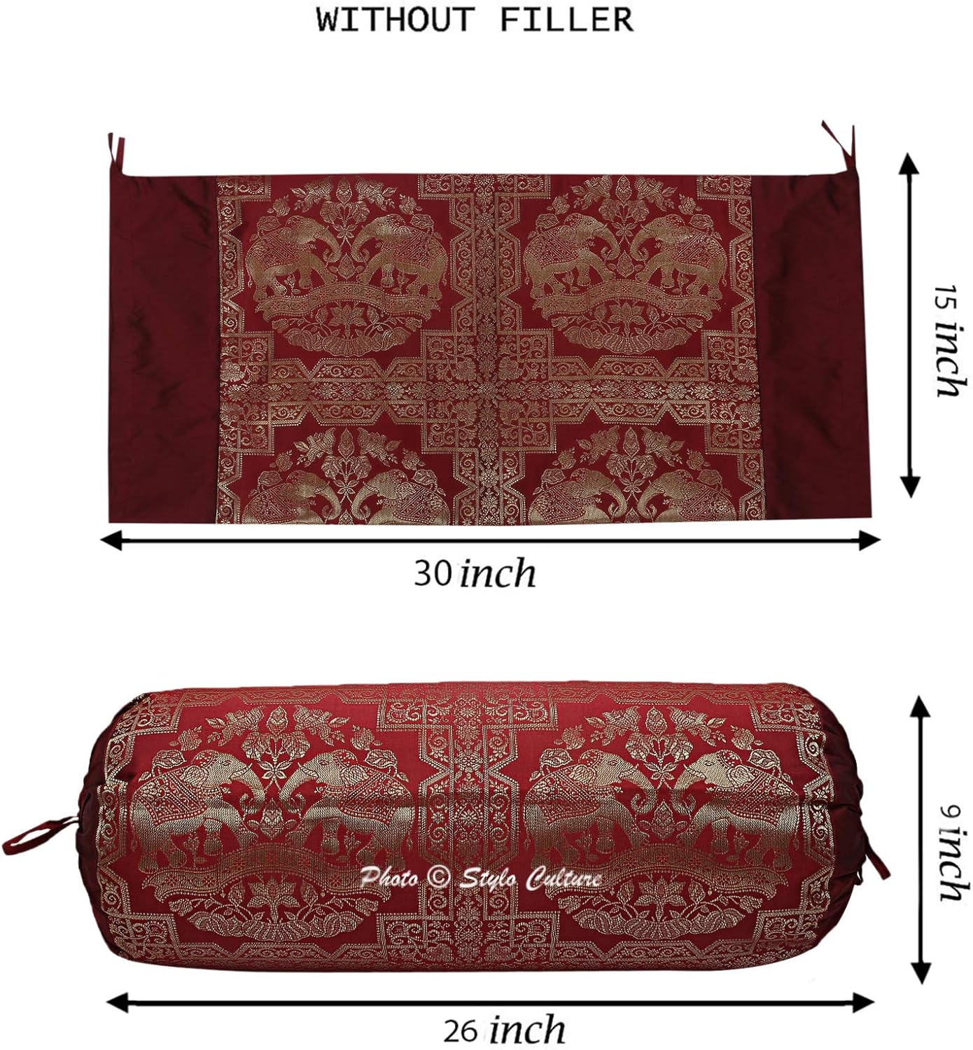 Brocade Silk Jacquard Cylindrical Decorative Bolster Pillow Cover for Bedroom Burgundy Gold Elephant Polydupion Indian Neck Roll Home Decor Banarsi Bolster Case | (1 Pc) | (76x38 cm)