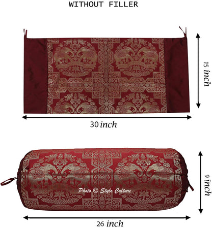 Brocade Silk Jacquard Cylindrical Decorative Bolster Pillow Cover for Bedroom Burgundy Gold Elephant Polydupion Indian Neck Roll Home Decor Banarsi Bolster Case | (1 Pc) | (76x38 cm)