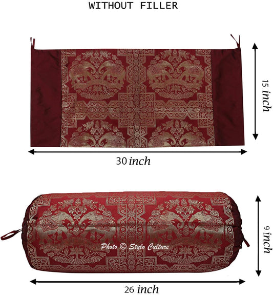 Brocade Silk Jacquard Cylindrical Decorative Bolster Pillow Cover for Bedroom Burgundy Gold Elephant Polydupion Indian Neck Roll Home Decor Banarsi Bolster Case | (1 Pc) | (76x38 cm)