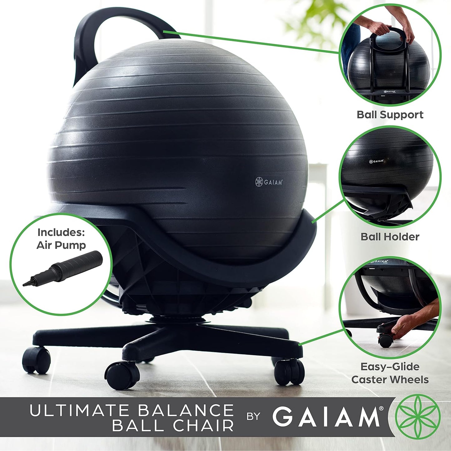Gaiam 610-6002RTL Balance Ball Chair - Classic Yoga Ball Chair with 52cm Stability Ball, Pump & Exercise Guide for Home or Office, Black