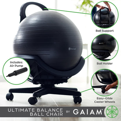 Gaiam 610-6002RTL Balance Ball Chair - Classic Yoga Ball Chair with 52cm Stability Ball, Pump & Exercise Guide for Home or Office, Black
