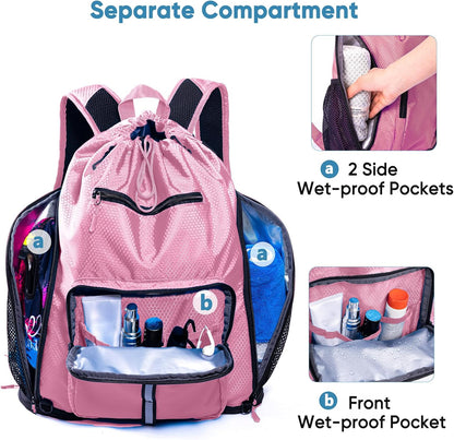 Large Beach Backpack Waterproof Sandproof - Customized Oversized Drawstring Pool Bag with Shoe Compartment for Toiletries, Towels, Gym, Travel