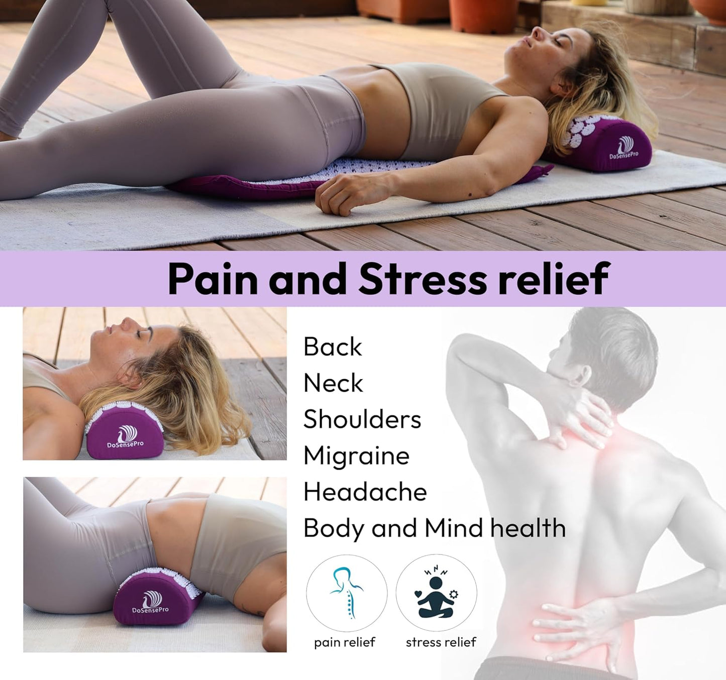 Acupressure Mat & Pillow Set – Extra-Long 29” Acupressure Therapy for Back & Neck Pain Relief, Sciatica, Stress Relief & Sleep Support – Includes Carry Bag & Hot/Cold Pack (Purple)