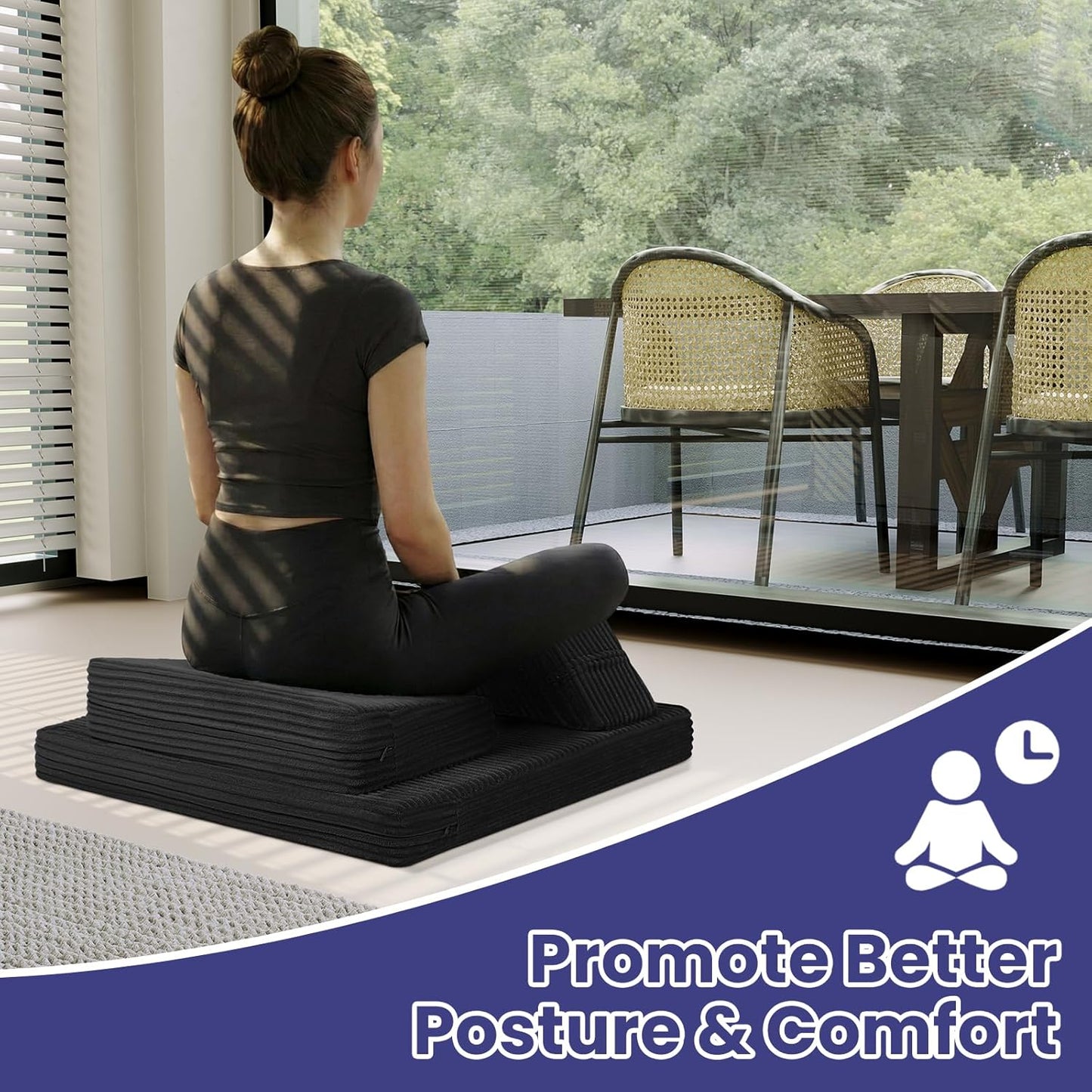 Meditation Cushion Set, Meditation Pillow for Sitting on Floor, Large Yoga Pillow with Knee Support, Washable Zafu Meditation Mat, 3 Shapes Floor Pillow for Adults, Dark Grey