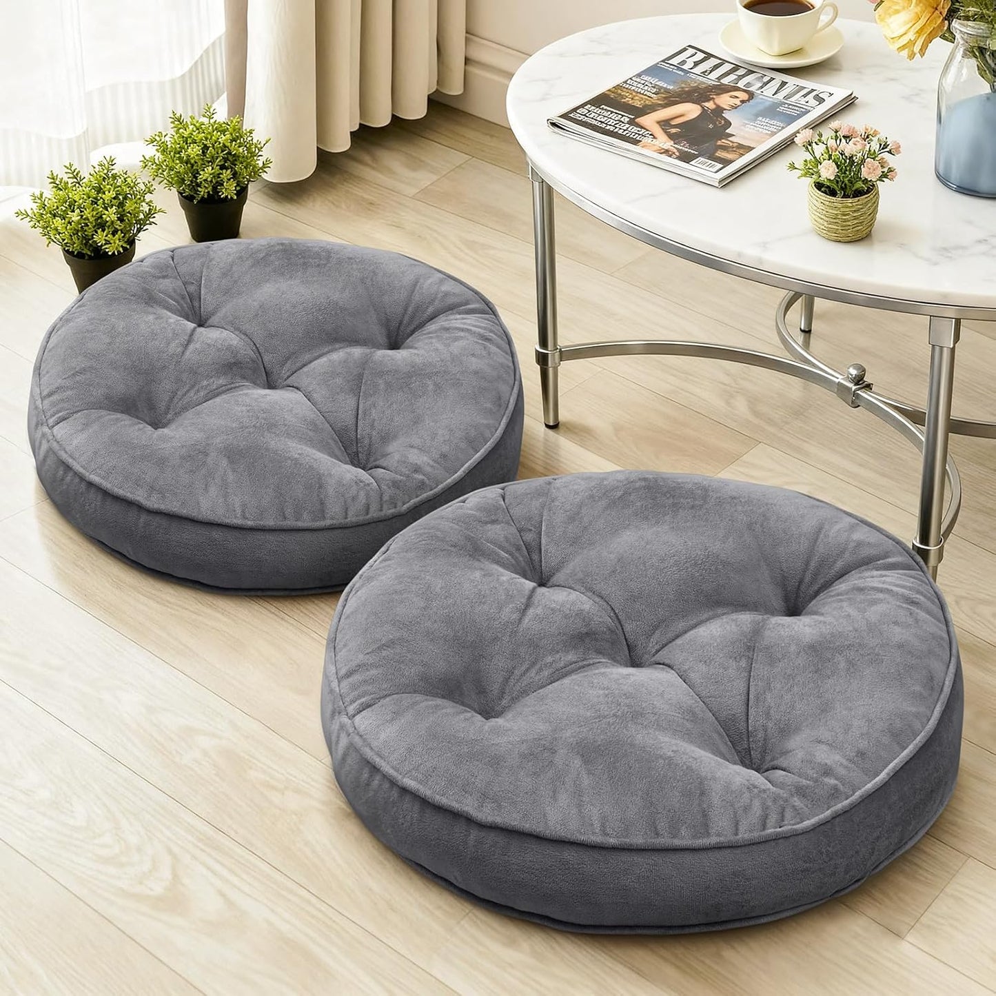 1 MIDDLE ONE Floor Pillow Set of 2, Memory Foam Meditation Cushion, Floor Cushions for Adults Sitting, Large Square Seat Cushions for Yoga, Living Room, 20x20 Inch (Grey)