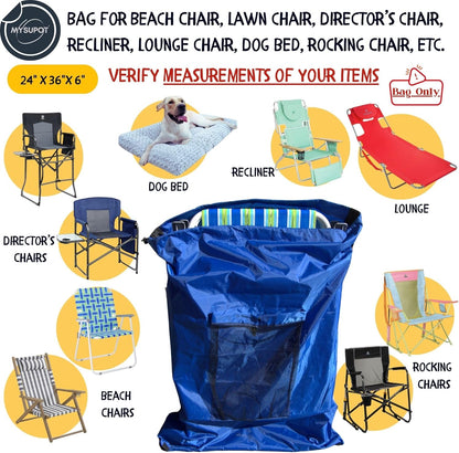 BLACK (Large 36"x24"x6") Beach Chair Bag. For Tent, Camping Mattress, Recliner, Dog Bed, Director & Lounge Chair, Booster Seat, Laundry. Light Duty 420D Polyester w/Adjustable Straps.