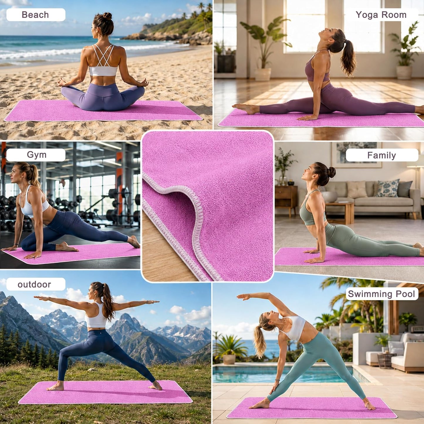 Hot Yoga Towel Non-Slip, 2 Pack Thick & Soft Yoga Mat Towel, Sweat Absorbent, with Grip Dot, 72" x 27", Yoga Towel for Hot Yoga, Pilates, Fitness and Gym Workouts, Light Pink