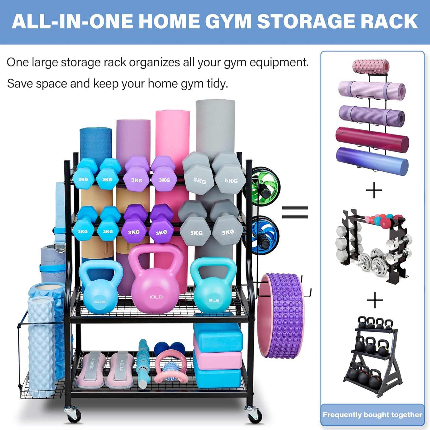 Dumbbell Rack, Yoga Mat Storage Rack - Weight Rack for Dumbbells, Home Gym Storage Rack for Yoga Mat, Dumbbells and Kettlebells, All in One Workout Equipment Storage with Caster Wheels