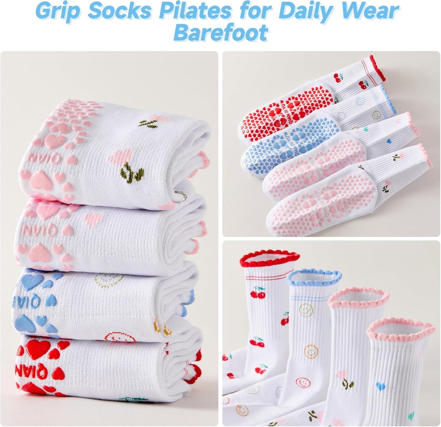 Grip Socks Pilates,4/6Pairs Cotton Cute Pilates Socks for Women, Ruffle Grippy Sock for Yoga Barre Hospital 5-10in
