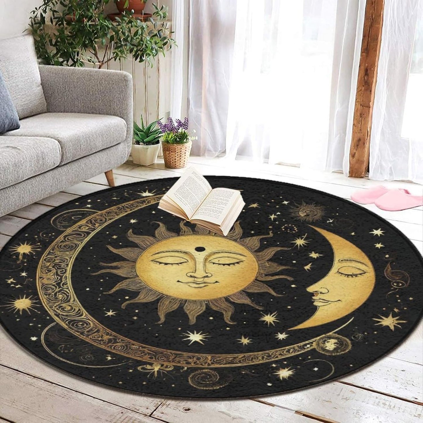 Soft Round Yoga Carpet, Large Home Decor Mat, Non-Slip Machine Washable Kitchen Office Circle Rug Compatible with Cool Norse Viking Vegvisir Runic Compass