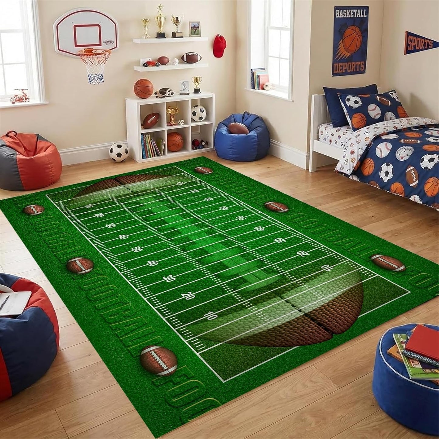 Sports Field Area Rug,5x7ft, Soccer Field Chalked Blackboard Football Stadium Board Painted Non-Slip Soft Carpet Floor Mat Indoor Living Room Bedroom Rugs Yoga Mat Home Decor