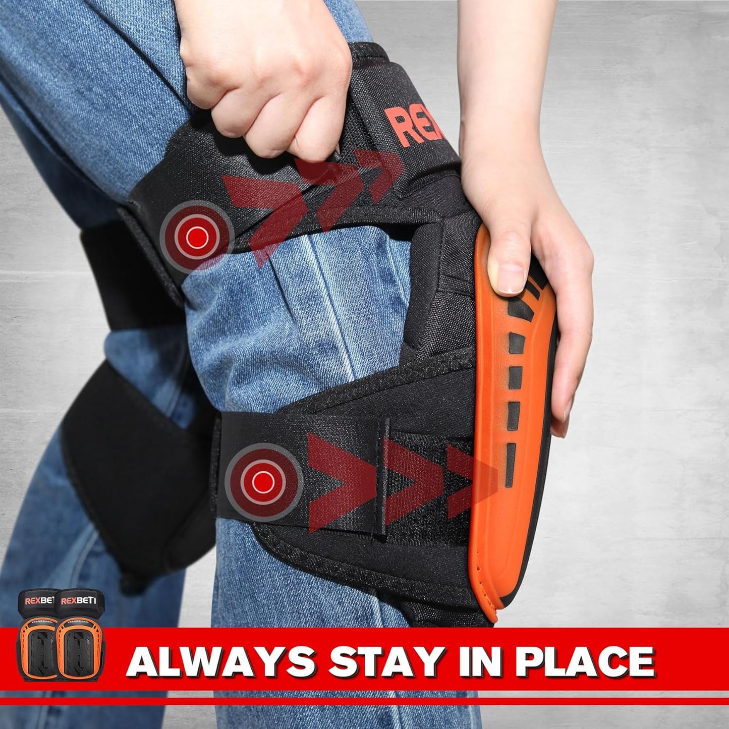 REXBETI Knee Pads for Work, Construction Knee Pads for Men, Heavy Duty Comfortable Anti-slip Foam Gel Knee Pads for Gardening Flooring and Cleaning, Strong Stretchable Straps, Orange