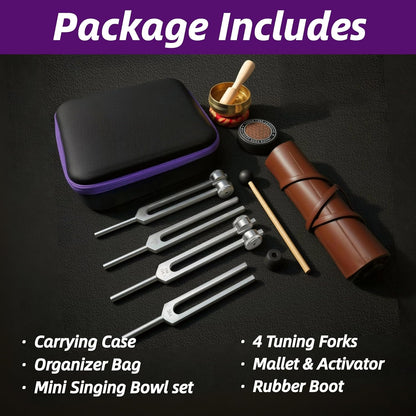 Healing Tuning Forks Set 136.10, 256, 384, 128 Hz Healing Instrument, Sound Therapy Devices with Singing Bowl for Chakra Solfeggio Essential Yoga Meditation Accessories, Healing Gifts for Women Men