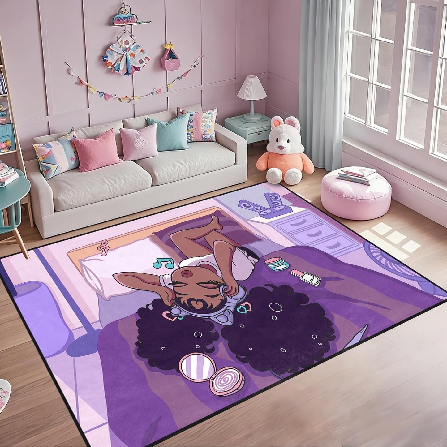Black Girl Area Rug for Bedroom African Black Girls Floor Rugs for Living Room Playroom Cartoon Art Home Decor Soft Yoga Mats for Women Afro Purple 47" x 31" (2.7 x 3 Feet)