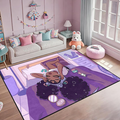 Black Girl Area Rug for Bedroom African Black Girls Floor Rugs for Living Room Playroom Cartoon Art Home Decor Soft Yoga Mats for Women Afro Purple 47" x 31" (2.7 x 3 Feet)