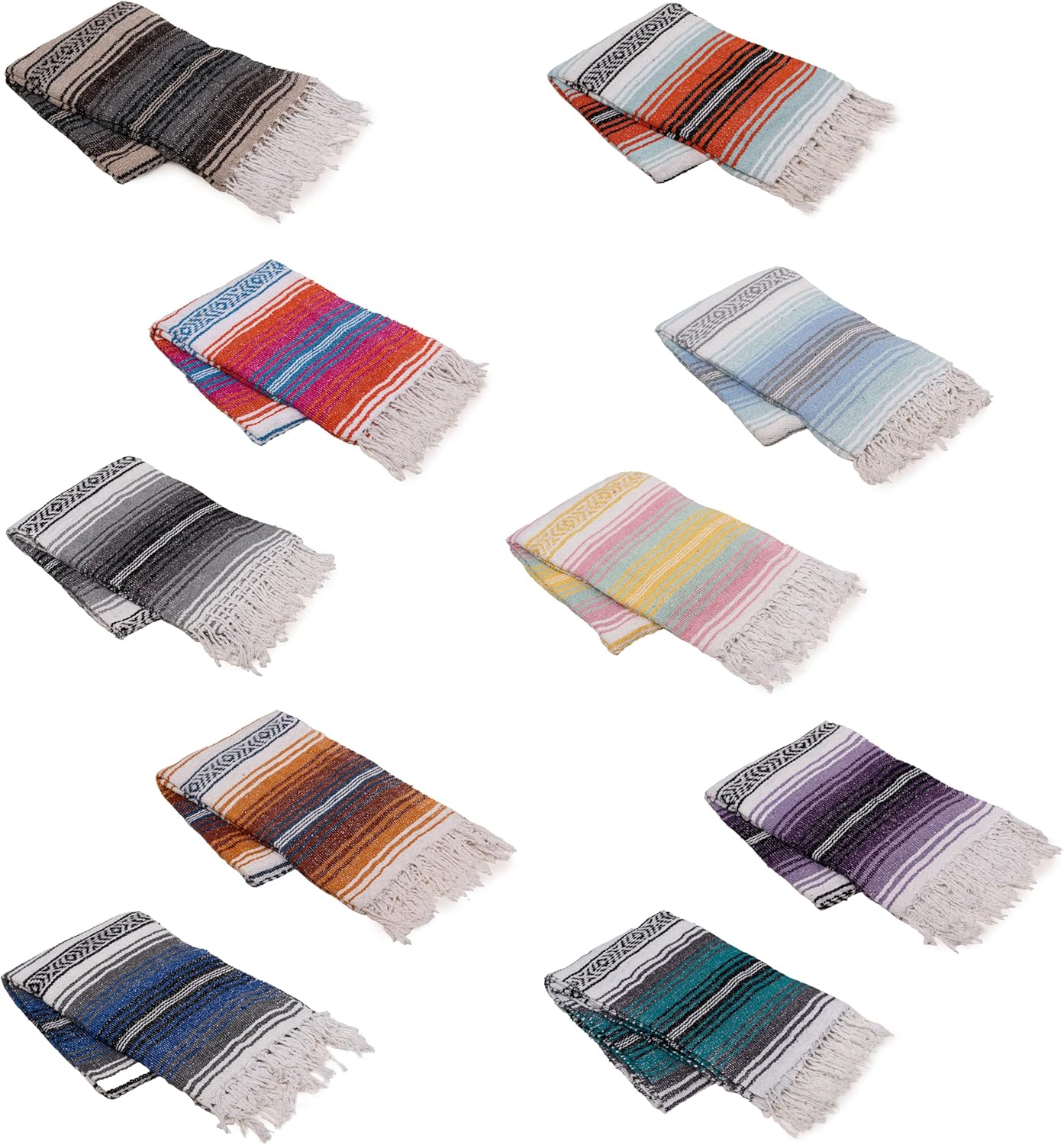 Cozumel Authentic Mexican Blankets (10-Pack) - 72"x48", Woven in Mexico - Serape Throw Blanket for Yoga Studio, Outdoor Picnic/Camping/Beach, Saddle Blanket, Bed/Home Decor (Assorted, Random)
