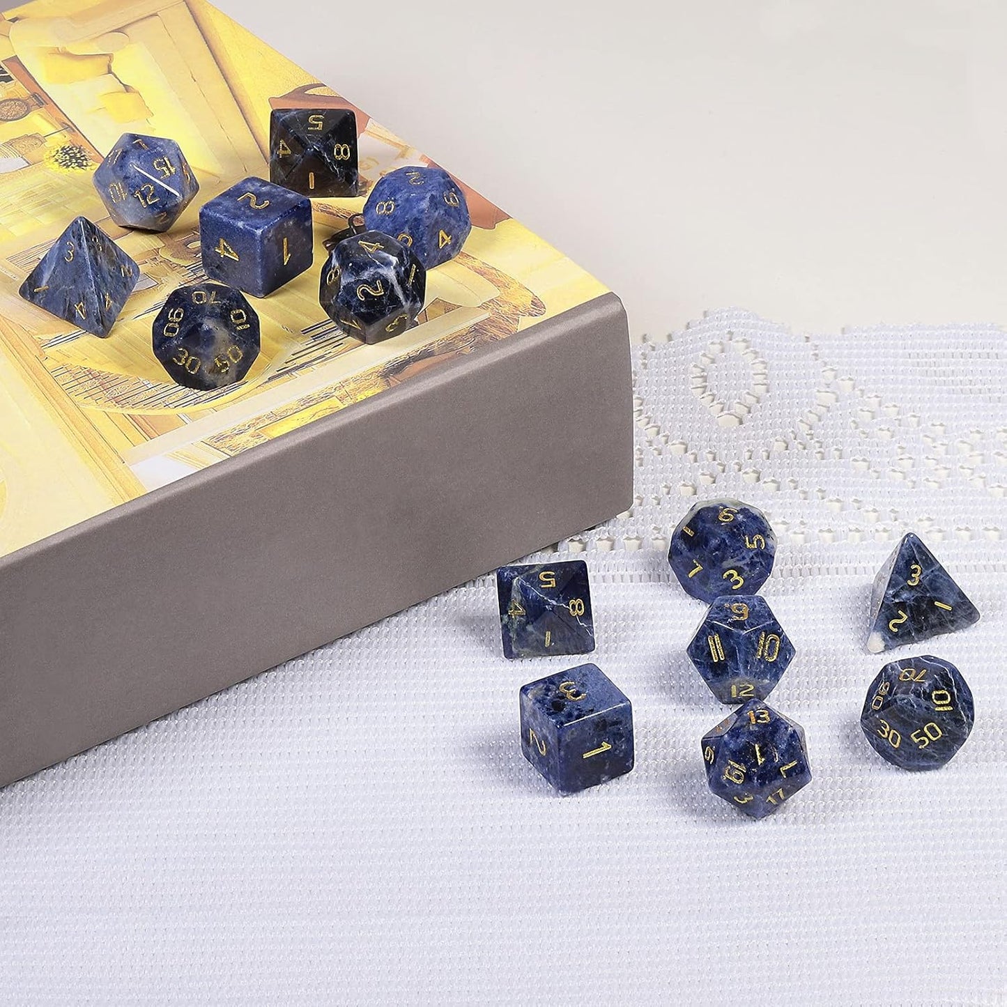 mookaitedecor 7 PCS Blue Howlite Turquoise Crystal Polyhedral DND Dice Set, Polished Tumbled Stones Dices for RPG MTG Table Games Home Decoration