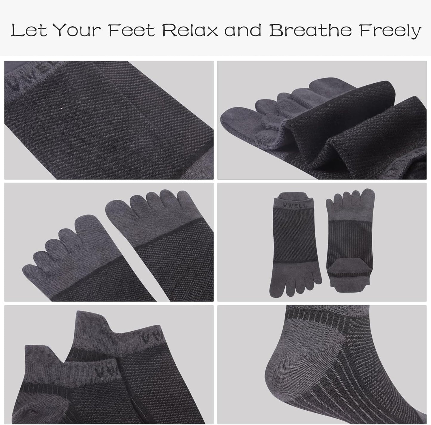 VWELL Cotton Toe Socks Five Finger Socks No Show Crew Athletic Running Socks 4 Pairs,Size 7-11