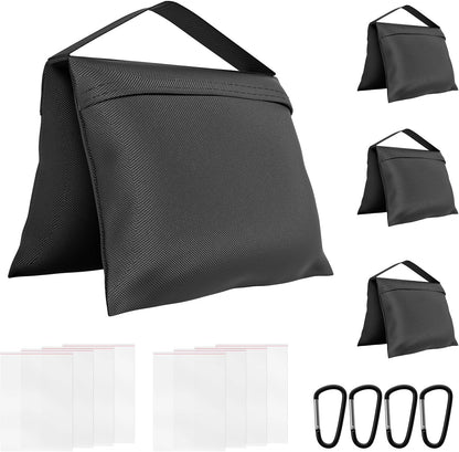 4 Pack Sandbags with 8 Bags & 4 Hooks, Heavy Duty Weight Bags for Stabilizing Stands, Photo Studio Equipment, Tripod, Backdrop Support, Canopy, Tent Base (Empty Sand Bags)
