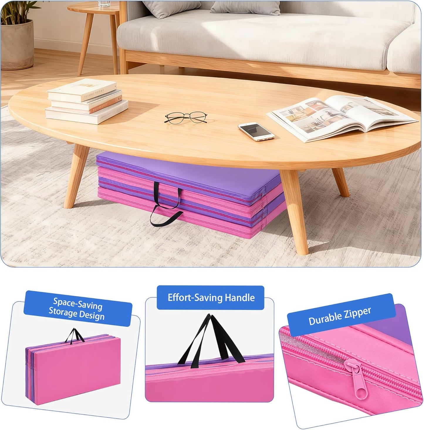 Outdoor Basic 6'x3'x2'' Gymnastics Mats Portable 4-Fold Tumbling Mat Thick Yoga Mat with PU Leather & Carry Handle for Home Workout, Yoga, MMA Core Training, Pilates