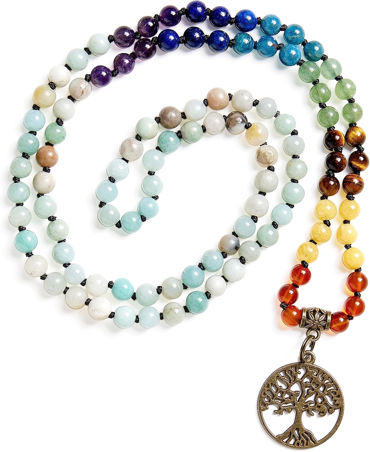 Bivei 7 Chakra 108 Mala Beads Bracelet Real Gemstone Yoga Meditation Hand Knotted Mala Prayer Bead Necklace