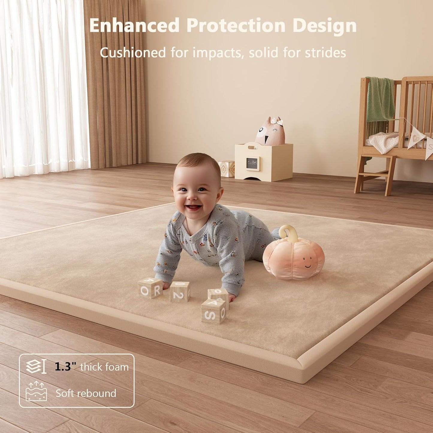 Baby Play Mat for Floor, 1.3'' Thick Memory Foam Tummy Time Mat - Super Soft Coral Velvet Nursery Rug with Non-Slip Backing, Crawling Rug for Toddlers/Infants, Yoga & Tatami Use, Oatmeal, 79''x 118''